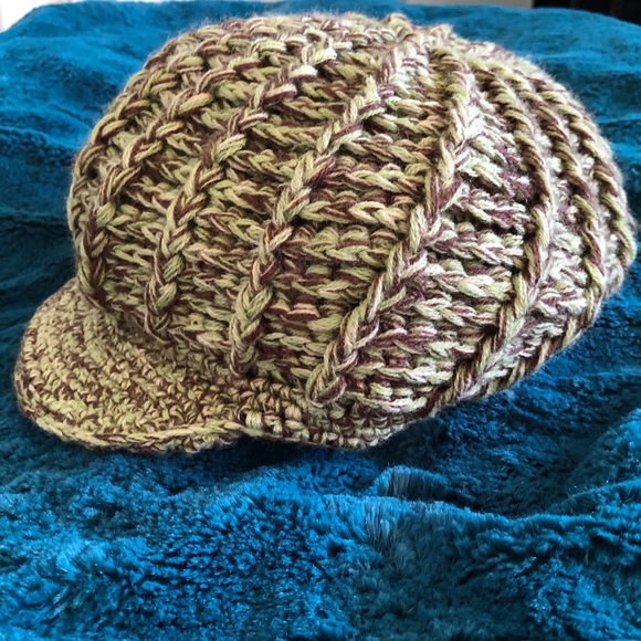 Knitted green and brown beanie womens hat